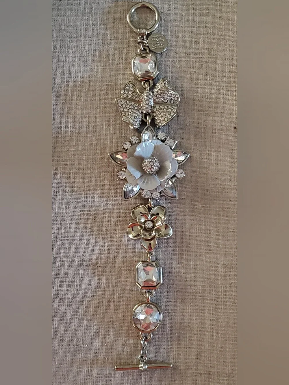 ​WHBM Silver Tone Crystal Rhinestone Floral Bow Statement Toggle Bracelet